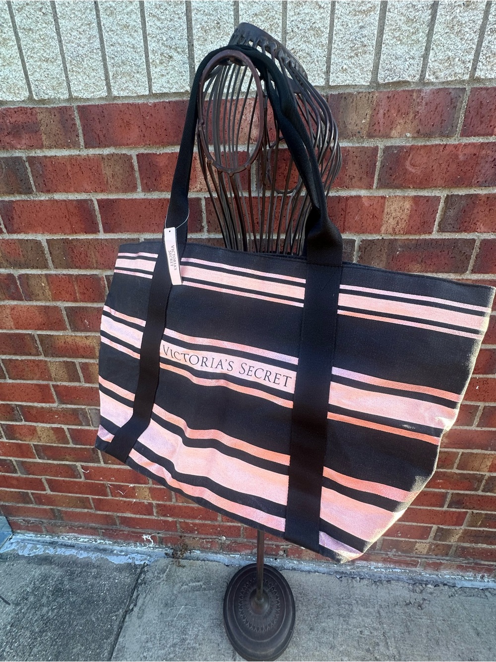 Victoria's Secret Black Pink Striped Canvas Tote Bag Travel Overnighter Beach